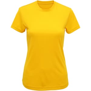 A bright yellow performance T-shirt with a crew neck and short sleeves, featuring a branding logo.