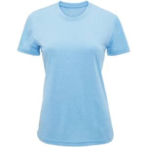A light blue performance T-shirt with a classic crew neck and short sleeves. It has a brand logo on it.