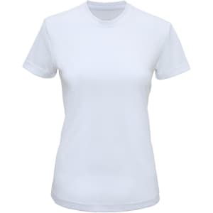 A white performance t-shirt with short sleeves and a round neckline. It features a logo on the front.