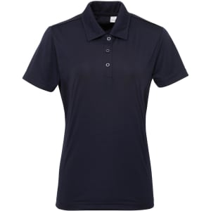 A panelled polo in navy blue, featuring a collared neckline and button placket. It includes a logo on the garment.