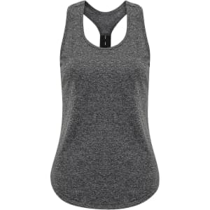 A grey strap-back vest featuring a racerback design and a subtle texture. It has a logo on the back.