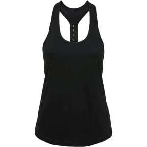 A black performance strap back vest featuring a racerback design and a logo.