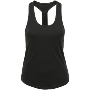 A black performance strap back vest featuring a racerback design and a fitted silhouette.