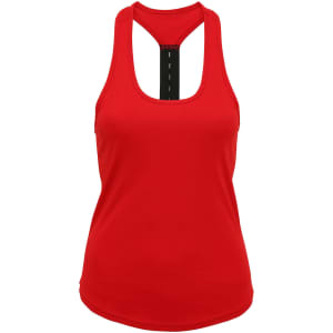 A red strap back vest featuring a racerback design and a branded logo on the back.