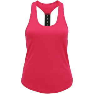 A bright pink strap back vest with a black back panel and a fitted design. It features a logo on the back.