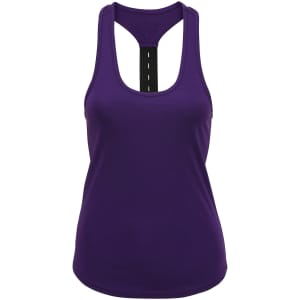 A purple tank top with a racerback design and a contrasting black strap at the back. It features a branding logo.