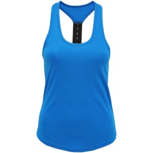 A blue performance strap back vest with a lower front and a keyhole back design. It features a logo.