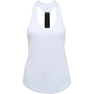 A white strap back vest with a racerback design and a logo at the back.