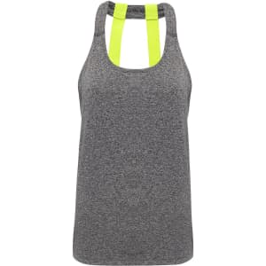 A grey vest with double straps featuring a bright yellow accent. It has a logo on the front.