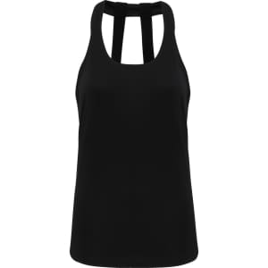 A black double strap back vest featuring a classic tank design and a logo.