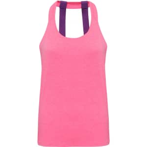 A pink back vest featuring double straps in purple. The product has a logo feature.