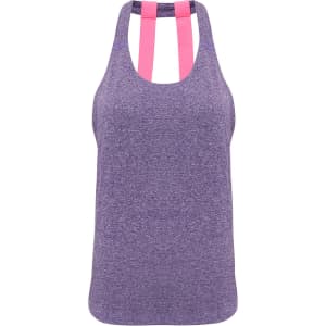 A purple double strap back vest with pink accents and a logo.