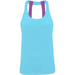 A double strap back vest in a bright blue colour with purple straps. It features a logo on the garment.