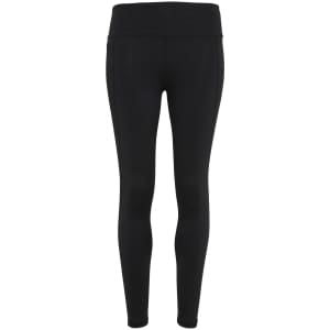 A pair of black performance leggings with a high waistband and a smooth finish. Includes a logo.