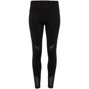 Full-length black leggings featuring mesh panels, with a wide waistband and a logo.