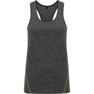 A grey vest with a racerback design and green detailing, featuring laser cut patterns. It has a branding logo.
