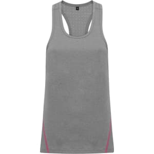 A grey vest with a racerback design and pink accents, featuring a logo on the front.