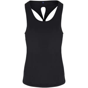 A black yoga vest with a unique open back design and a logo on the front.