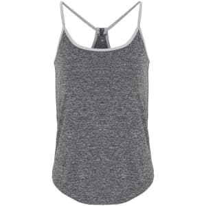 A grey yoga vest with a racerback design and subtle texture. It features a logo on the inside label.