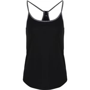 A yoga vest in black with a contrasting grey trim and thin straps, featuring a logo on the back.