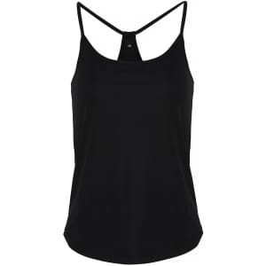 A black yoga vest featuring thin straps and a rounded neckline, with a logo on the back.