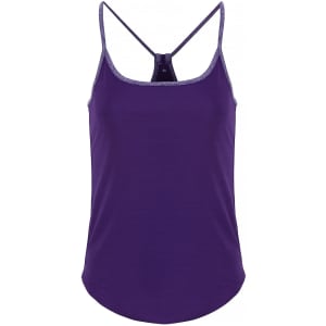 A purple yoga vest featuring a racerback design and contrasting trim. The garment has no visible branding.