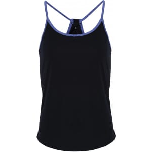 A black yoga vest with a blue trim and racerback design, featuring a simple branding logo.