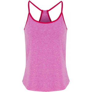 A yoga vest in bright pink with red straps, featuring a simple design and a logo.