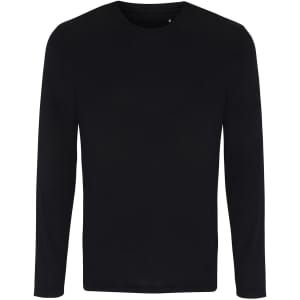 A long sleeve performance t-shirt in black, featuring a simple design and a logo on the shirt.