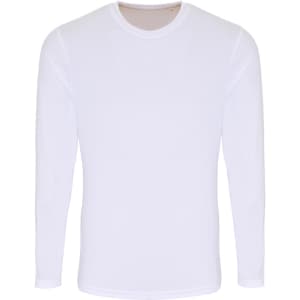 A white long sleeve performance t-shirt featuring a classic round neckline and a logo on the sleeve.