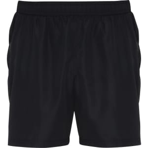 Black training shorts featuring an elastic waistband and side pockets, with a logo on the front.