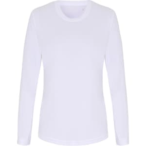 A long sleeve performance T-shirt in white, featuring a round neckline and a smooth fabric finish.