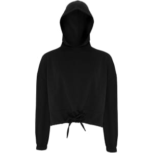 A black cropped oversized hoodie with a drawstring at the hem and a hood, featuring a branded logo.