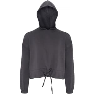 A cropped oversize hoodie in dark grey with a hood and drawstring detail at the hem. Features a logo.