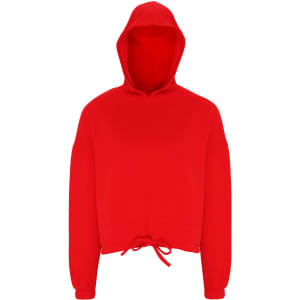 A red cropped oversize hoodie with a hood and drawstring at the hem. It features long sleeves and has a logo.