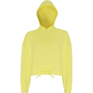 A bright yellow cropped oversize hoodie with a hood and a drawstring at the hem. It features long, loose sleeves and a logo.