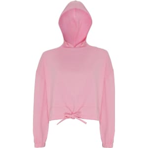 A pink cropped oversize hoodie featuring a hood and drawstring at the hem. It has long sleeves and a relaxed fit.