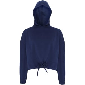 A cropped oversize hoodie in navy blue with a drawstring at the hem and a hood. Features a logo.