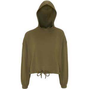 A cropped oversize hoodie in olive green with a drawstring hem and a hood. It has long, slightly gathered sleeves and a logo.