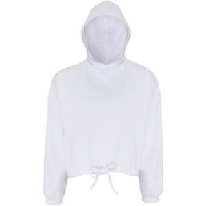 A white cropped oversize hoodie with a drawstring at the hem and a front kangaroo pocket. It features a hood and has a logo.