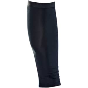 A pair of black compression calf sleeves with a smooth, stretchy fabric design.