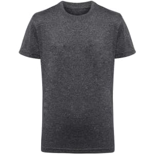 A grey kids' performance T-shirt with a round neck and short sleeves. It features a logo on the front.