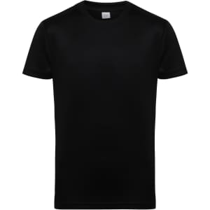 A black performance T-shirt for kids with a simple design and short sleeves. It features a small logo on the label.