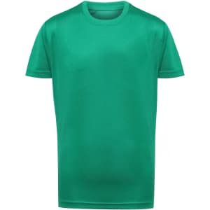 A green kids' performance T-shirt with a simple design and crew neck. The shirt has a logo on it.