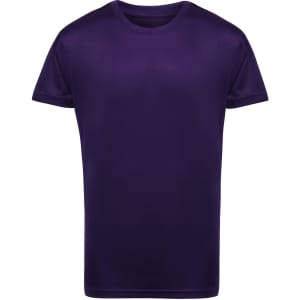 A purple kids performance T-shirt with a crew neck design. It features short sleeves and has a logo.