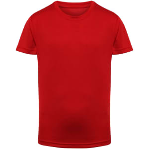 A red kids' performance T-shirt with a round neckline and short sleeves. It features a logo.