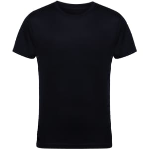 A black kids' performance T-shirt with a classic crew neck and short sleeves, featuring a logo.