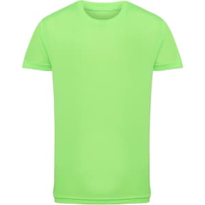A bright green kids' performance T-shirt with short sleeves and a simple design, featuring a logo.