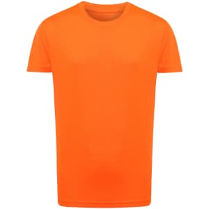 An orange kids performance T-shirt with a crew neck and short sleeves. It has a logo on the front.