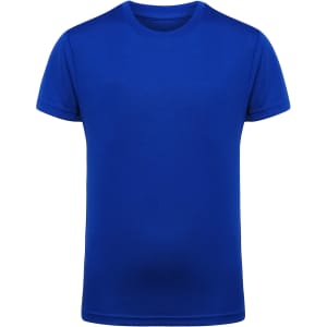 A blue kids' performance T-shirt with a round neck and short sleeves. It has a logo on the front.